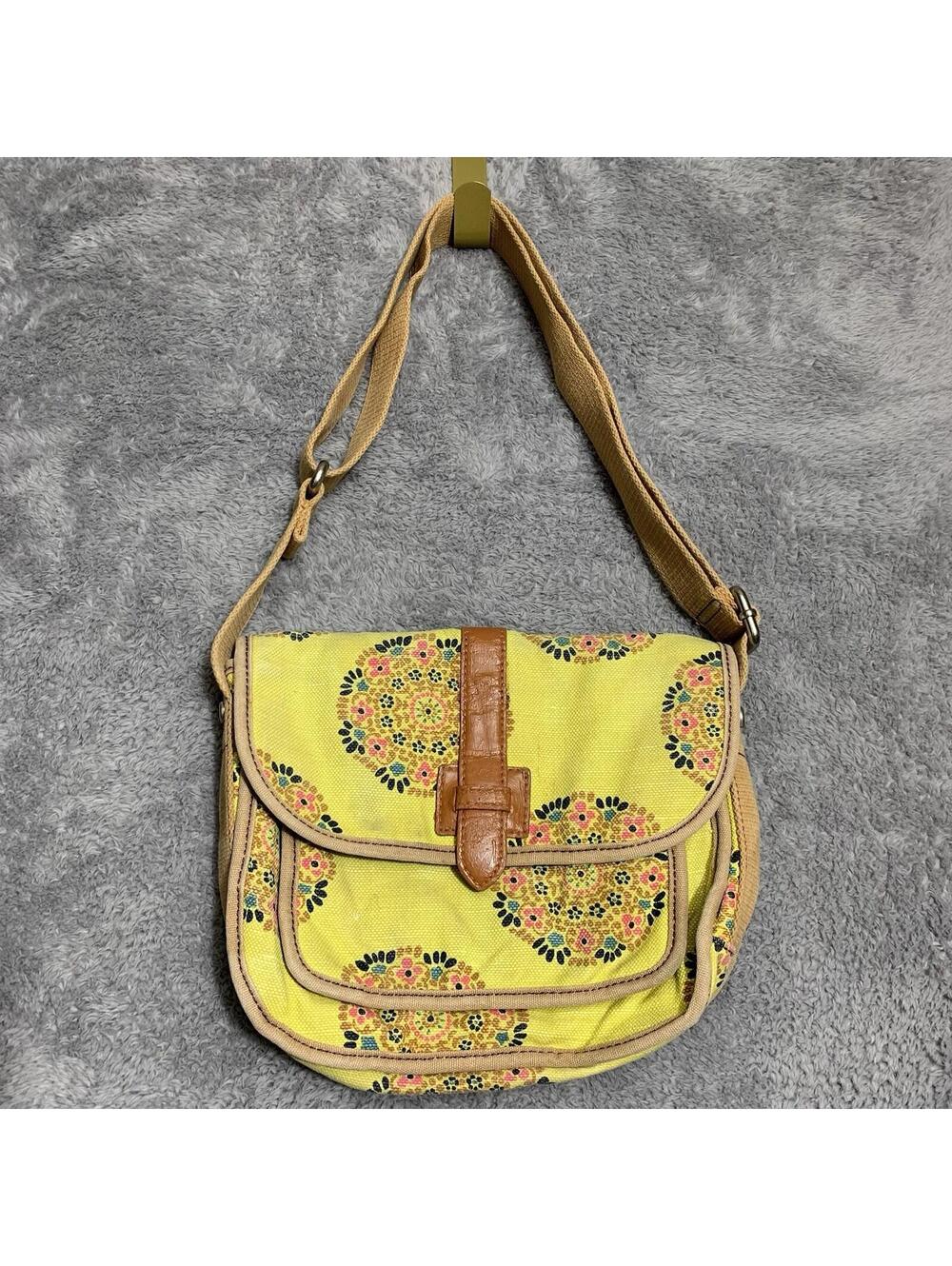 Fossil Canvas Purse Green with mandala flower circles adjustable strap